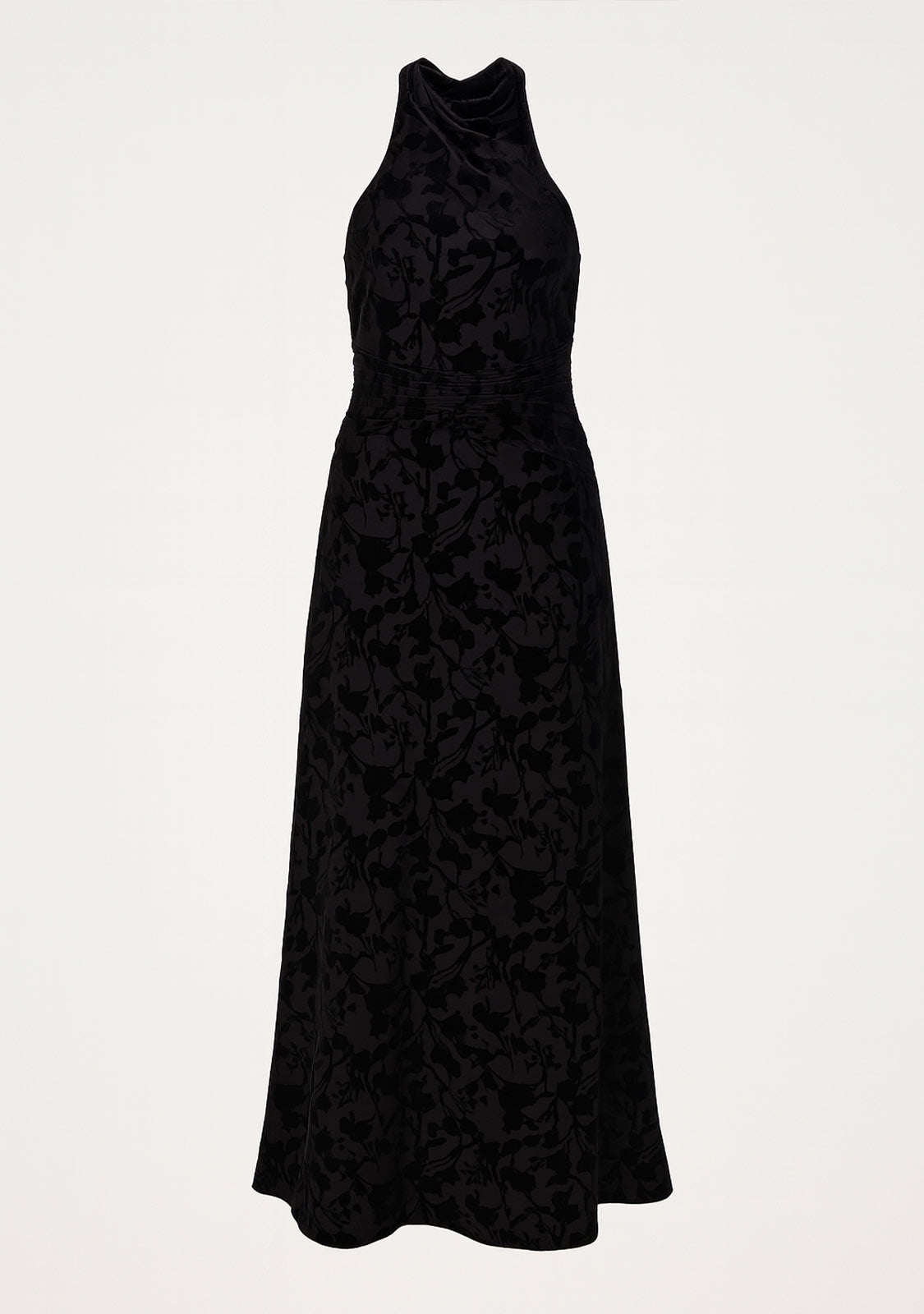 Velvet Detail Rutched Waist Halter Back Sleeveless Maxi Dress Dark Navy