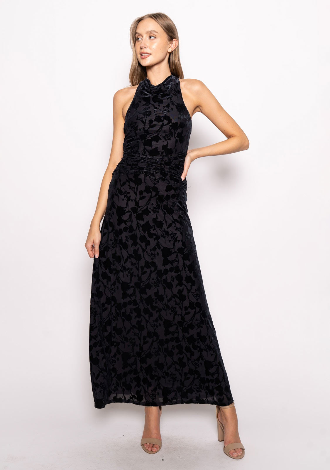 Velvet Detail Rutched Waist Halter Back Sleeveless Maxi Dress Dark Navy