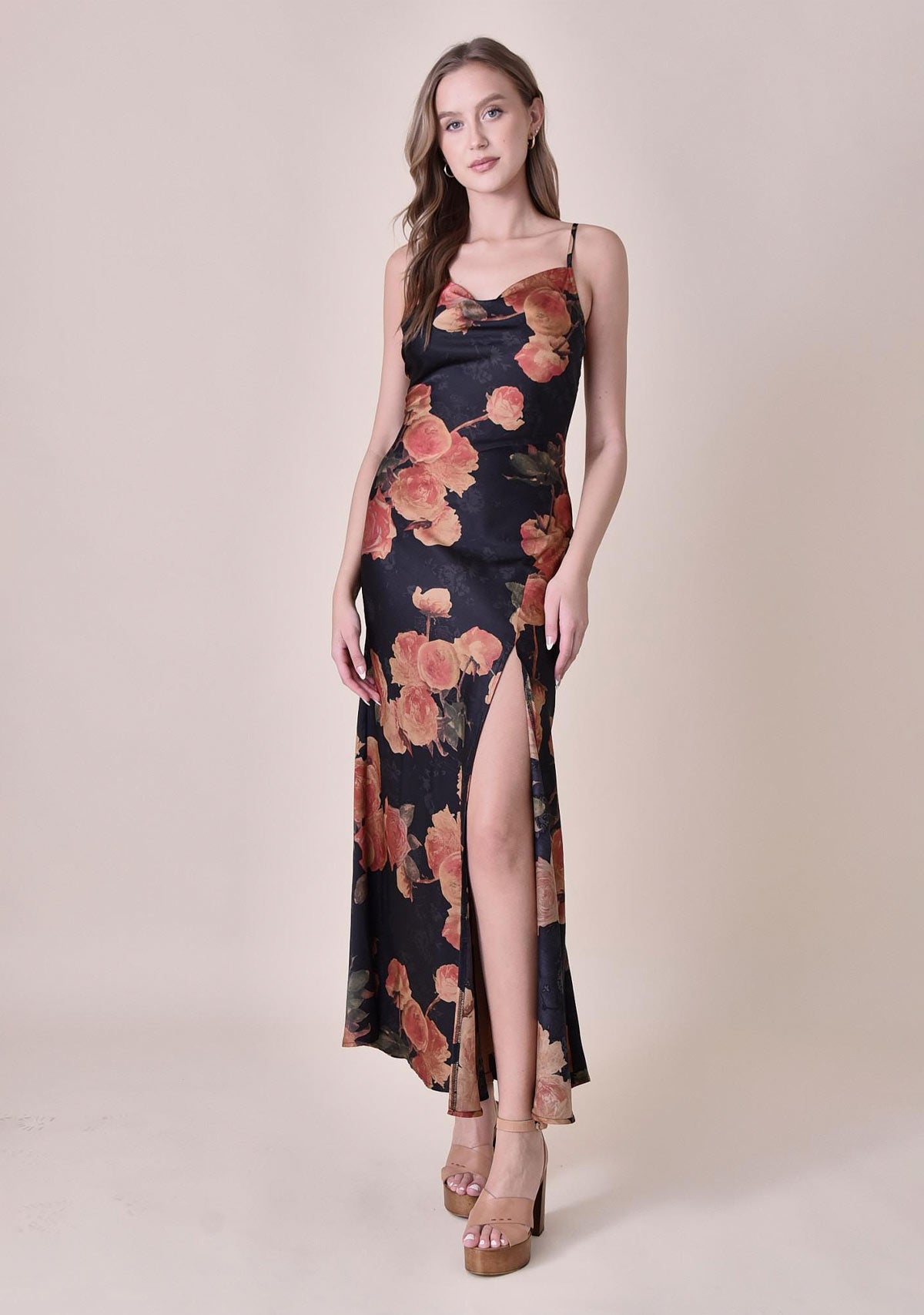 Floral Printed Strap Slit Maxi Dress