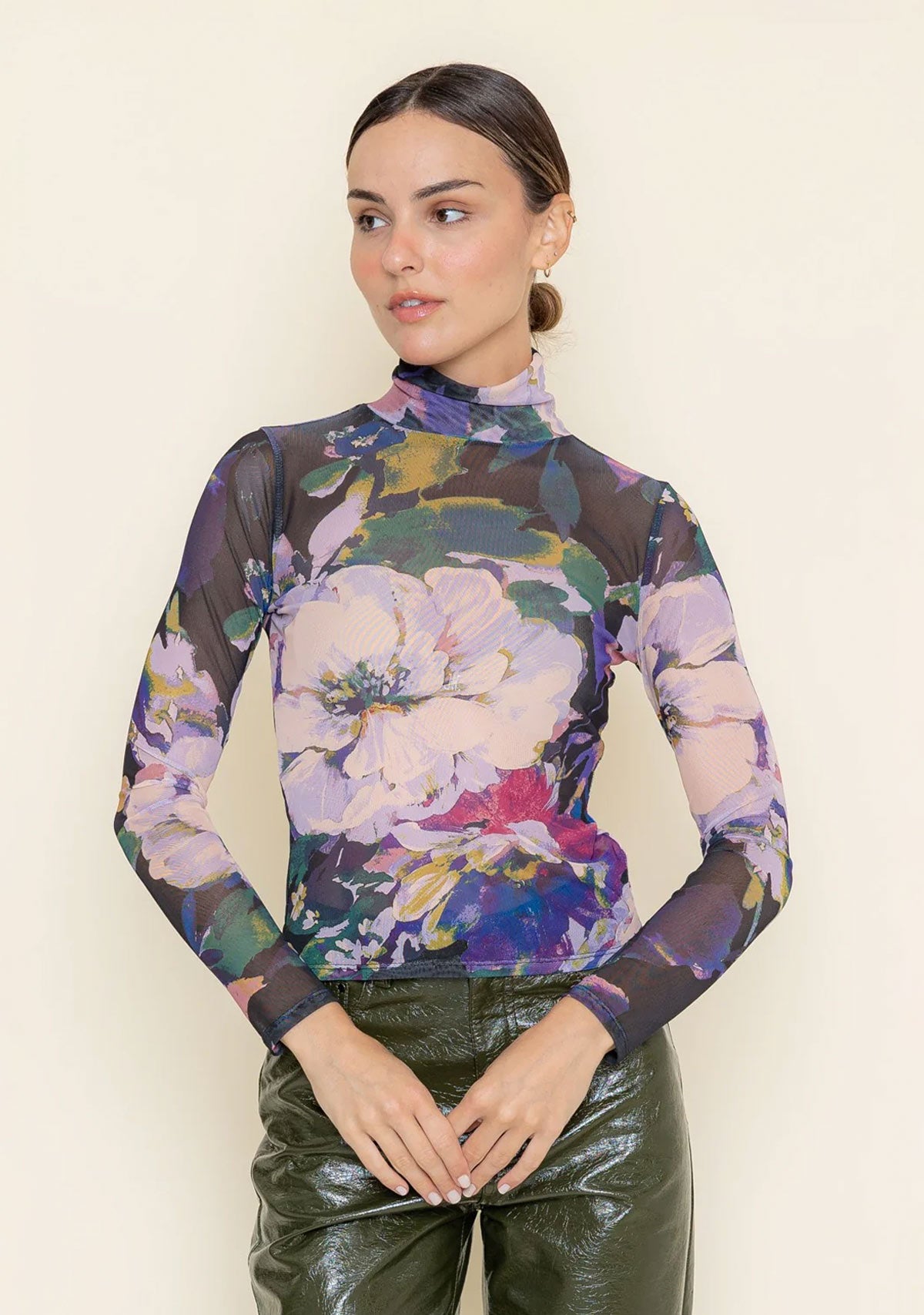 Mock Neck Long Slv Mesh Print Top