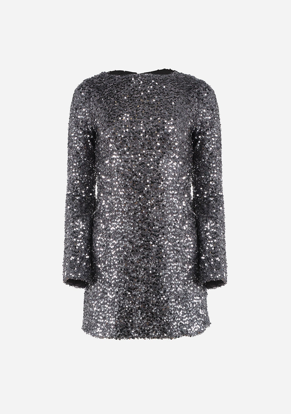 Sequins Slit Bell Slv Back Opening Mini Dress Grey