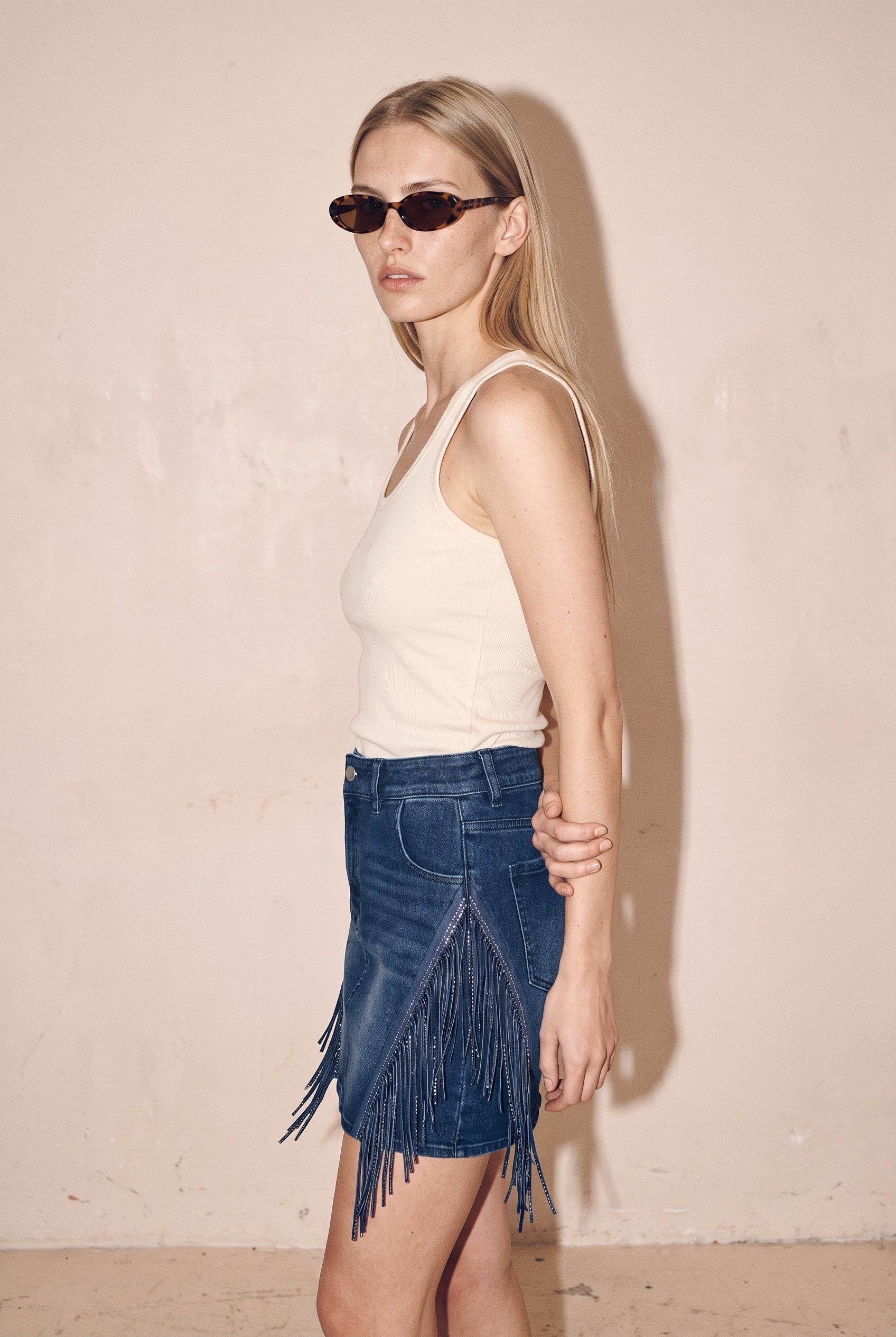 Fringed Denim Mini Skirt Dark Denim