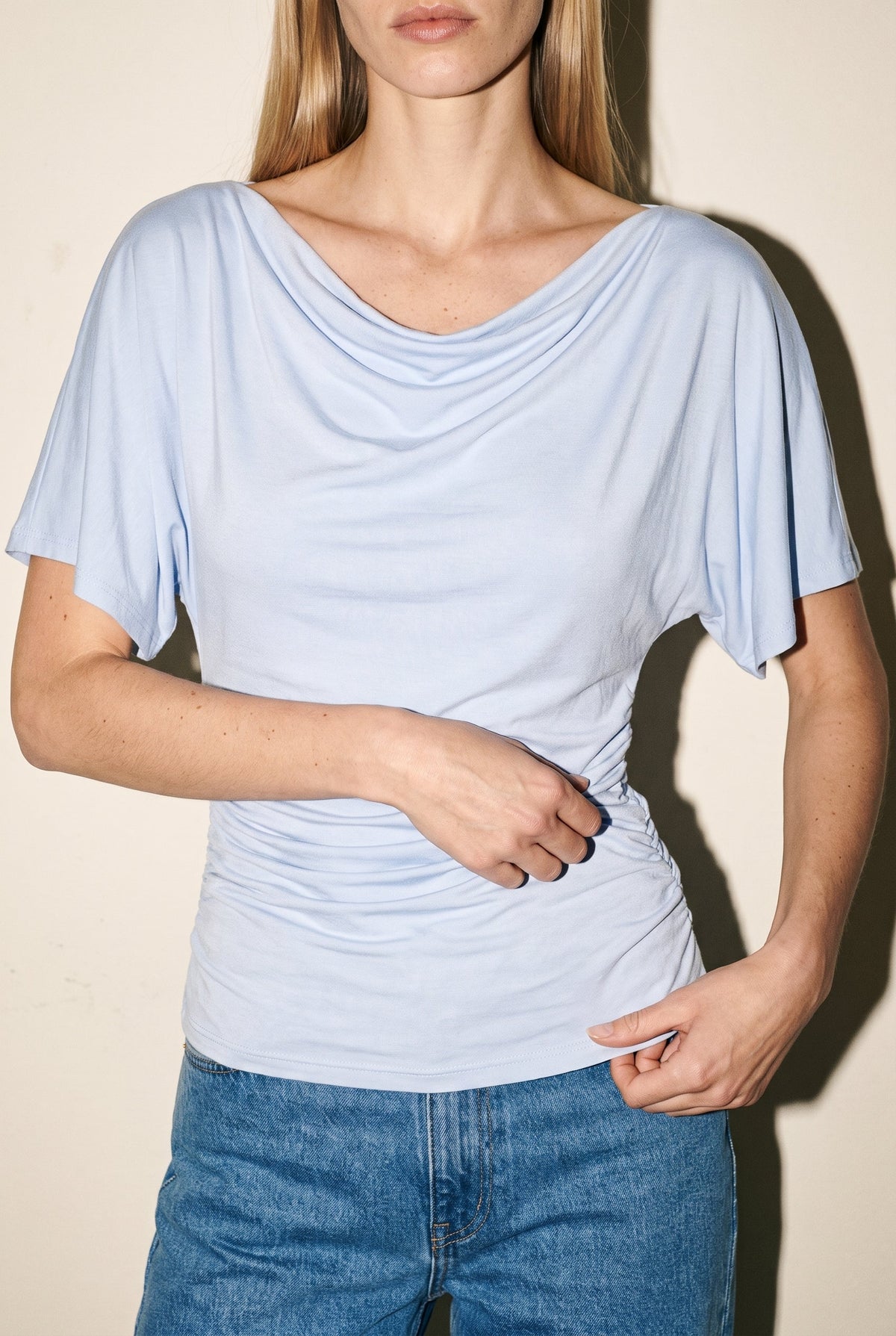 Livia Cowl-neck Ruched Top Light Blue Loucia