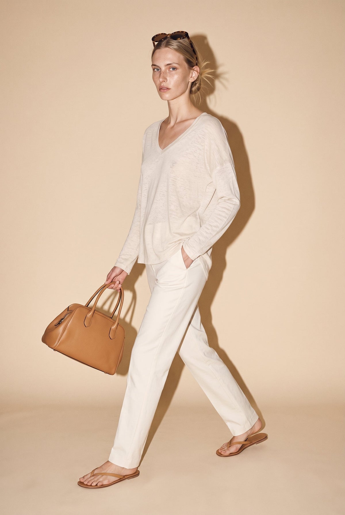 Hacci Slub V-Neck Drop Shoulder L/S Top Natural The Latest Scoop