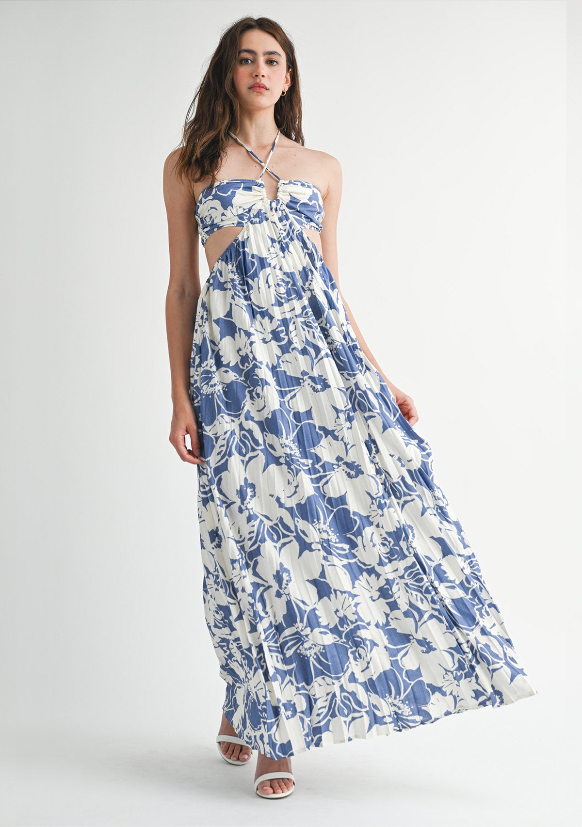 Halter Neck Cutout Midi Dress Blue