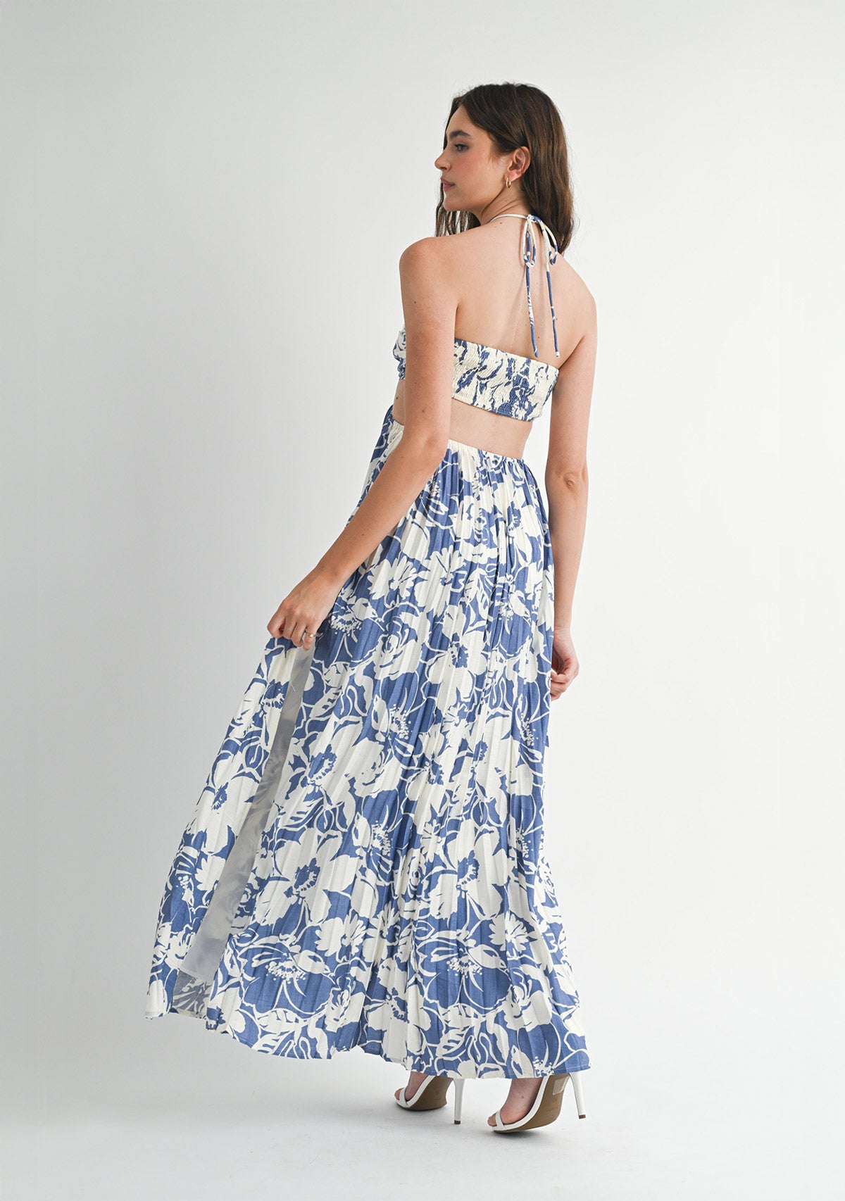 Halter Neck Cutout Midi Dress Blue