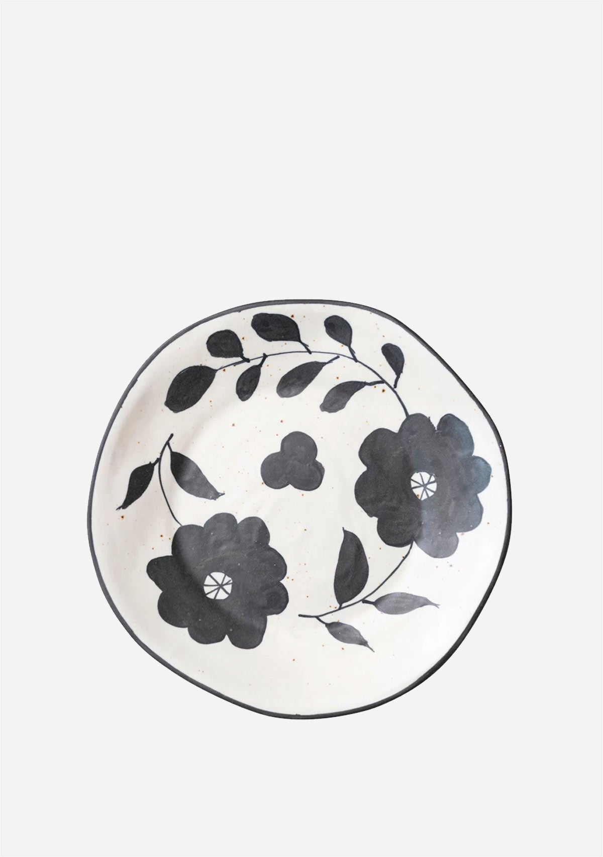 Hand-Painted Stoneware Plate w/ Floral Design, Matte Black & Cream Color Speckled