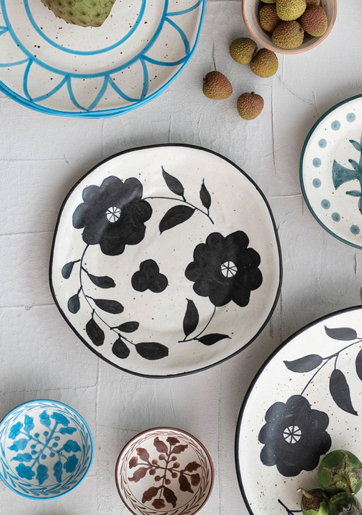 Hand-Painted Stoneware Plate w/ Floral Design, Matte Black & Cream Color Speckled