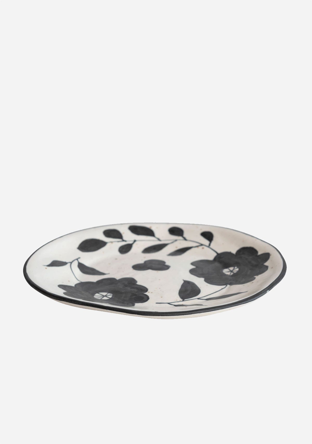 Hand-Painted Stoneware Plate w/ Floral Design, Matte Black & Cream Color Speckled