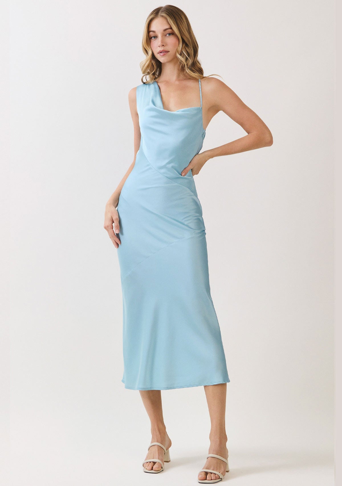 One-shoulder Draped Back Satin Dress Sky