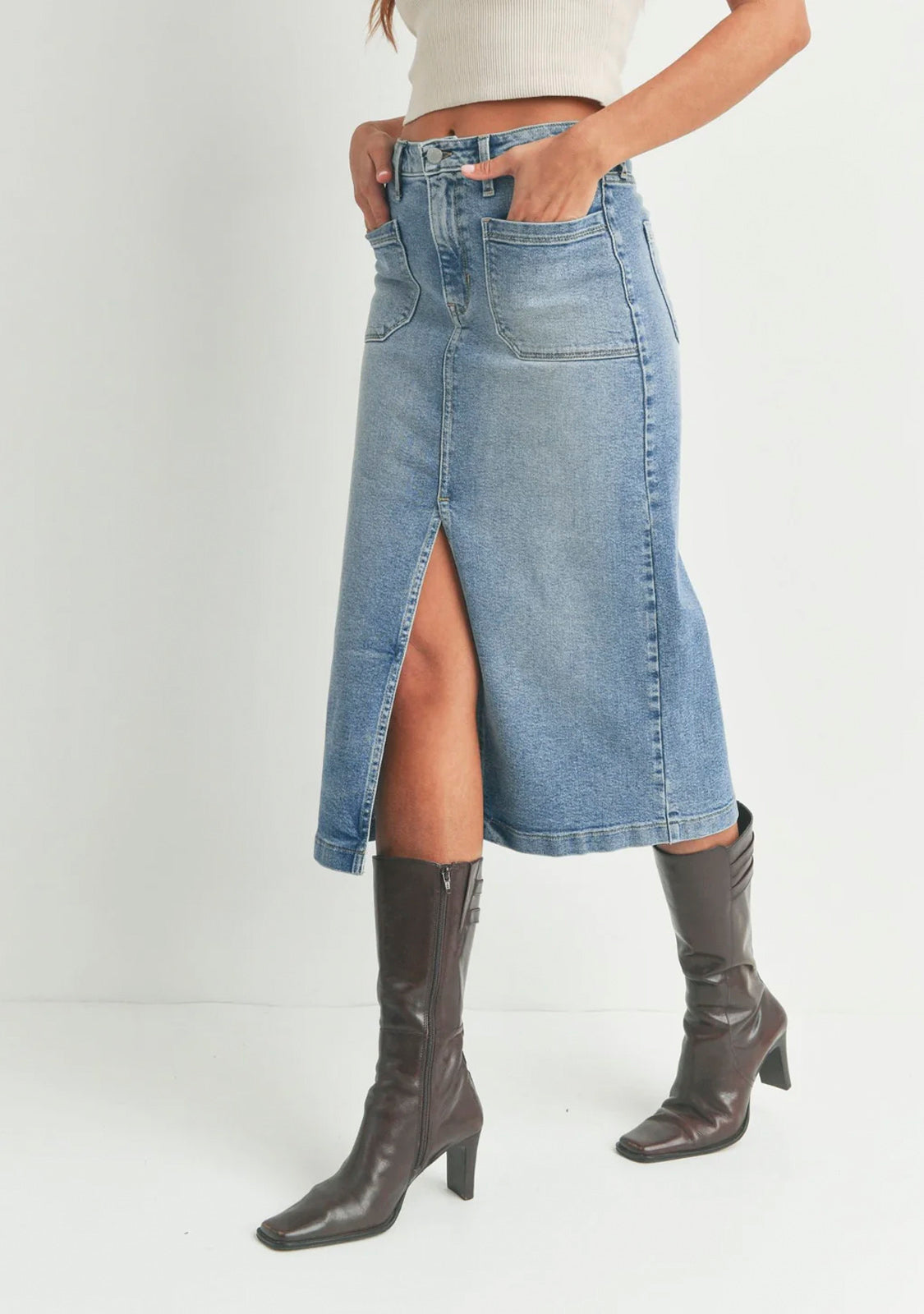 High waisted midi skirt pockets deals