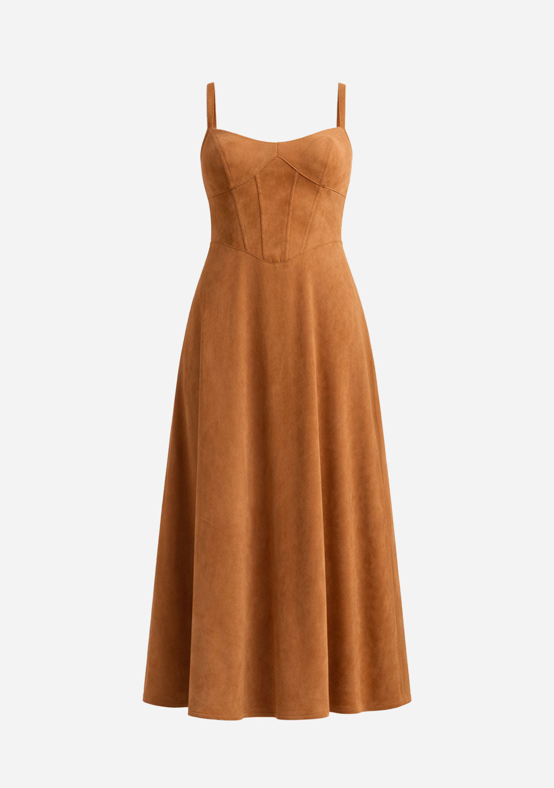 Suede Bustier Corset Flare Midi Dress Camel