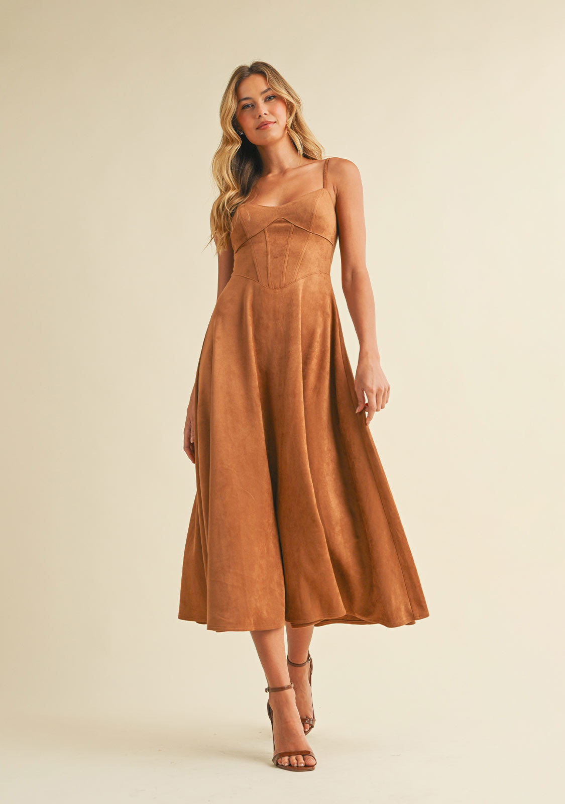 Suede Bustier Corset Flare Midi Dress Camel