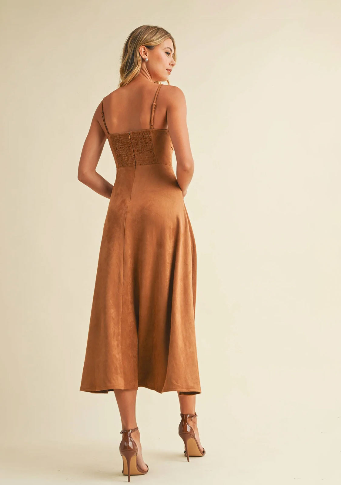 Suede Bustier Corset Flare Midi Dress Camel