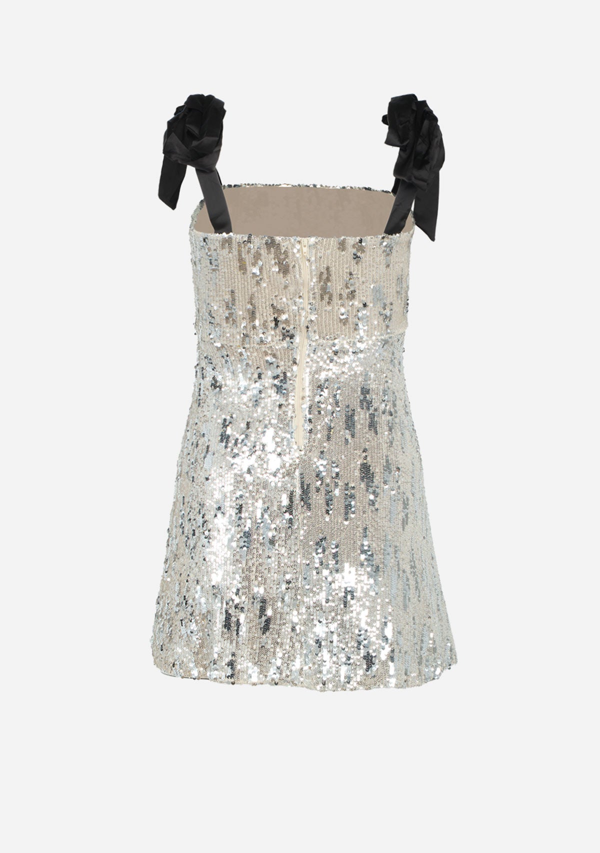 BOW SHOULDER STRAP SEQUIN VELVET MINI FLARE DRESS