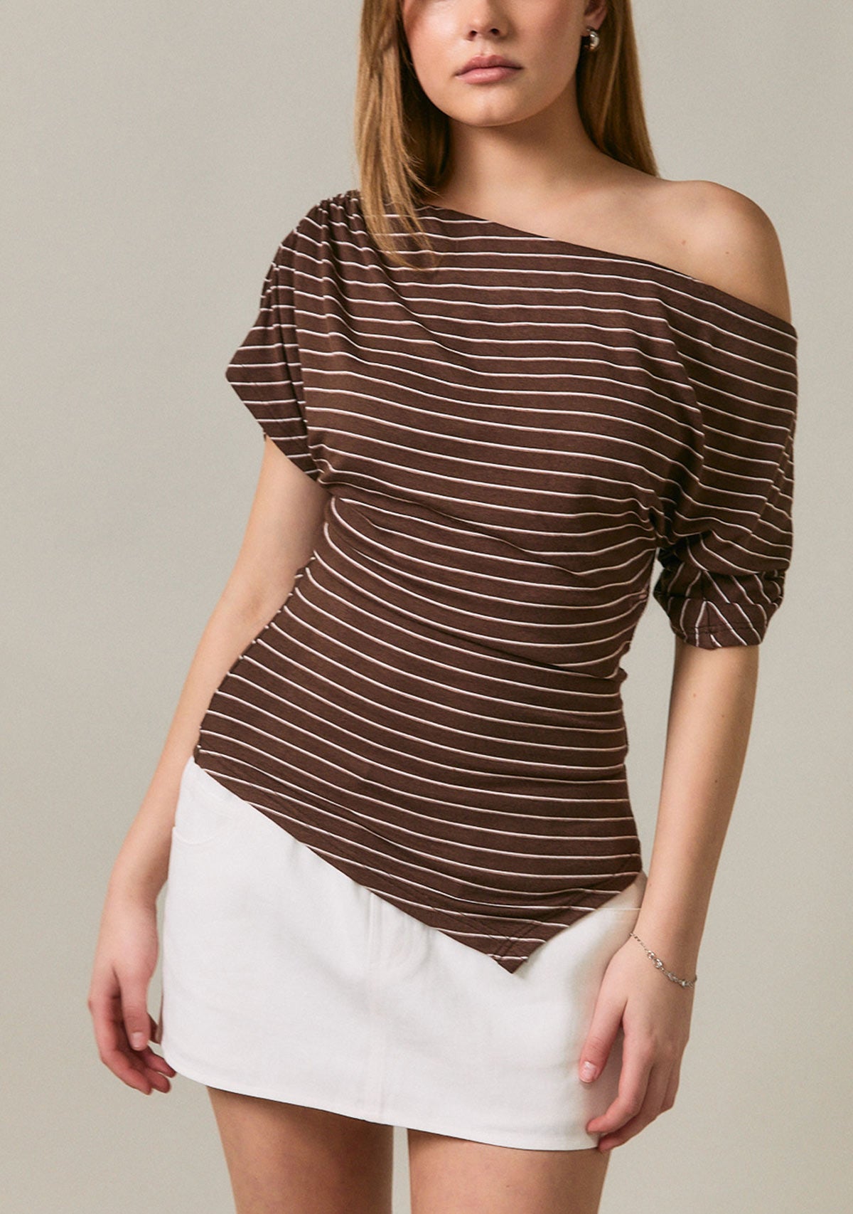 Asymmetrical Neck Ruching Shoulder Knit Top Brown Stripe