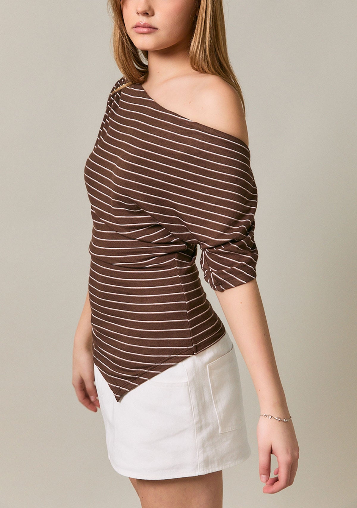Asymmetrical Neck Ruching Shoulder Knit Top Brown Stripe