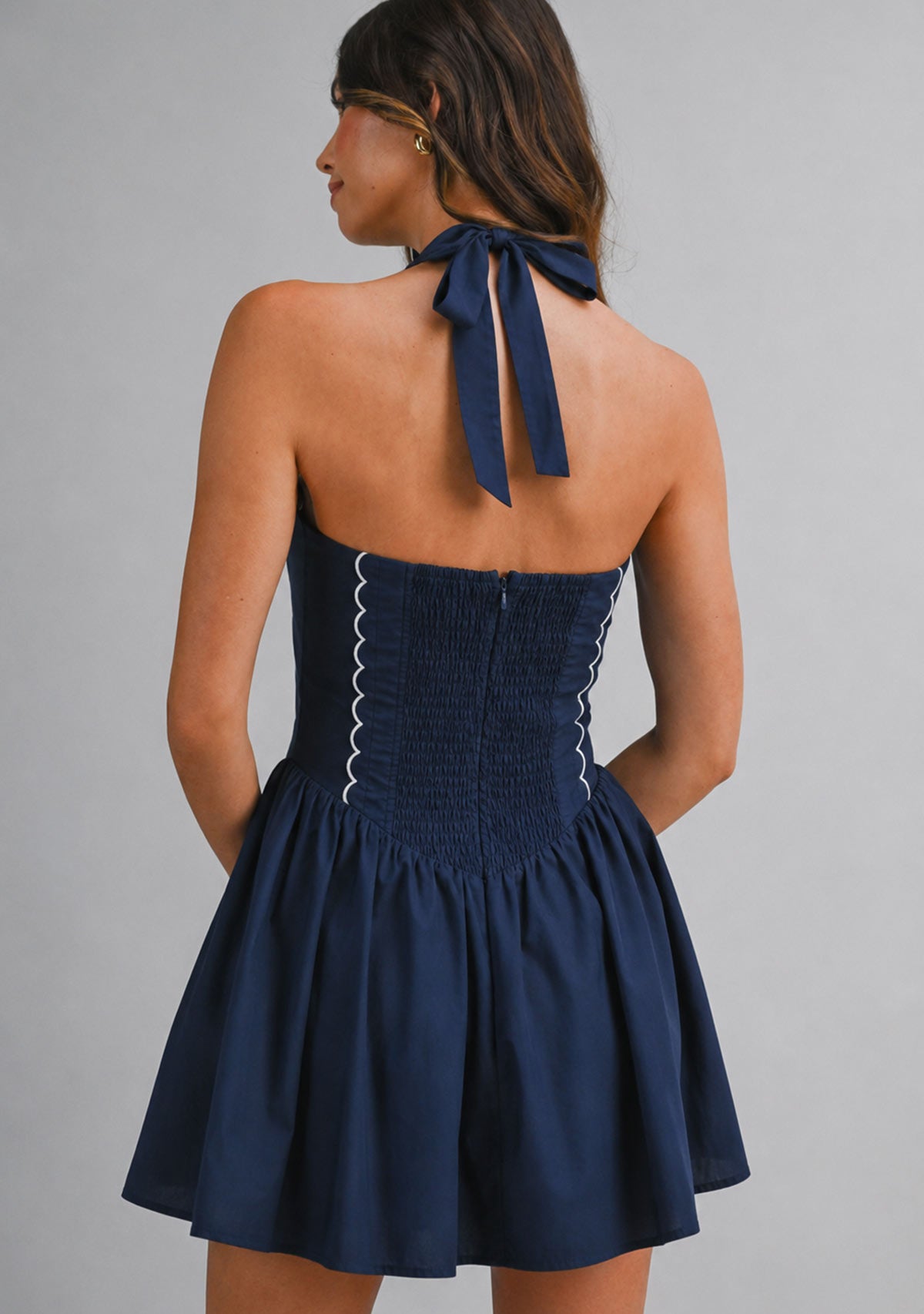 Emboridered Sweetheart Neck Line Halter Mini Dress Navy