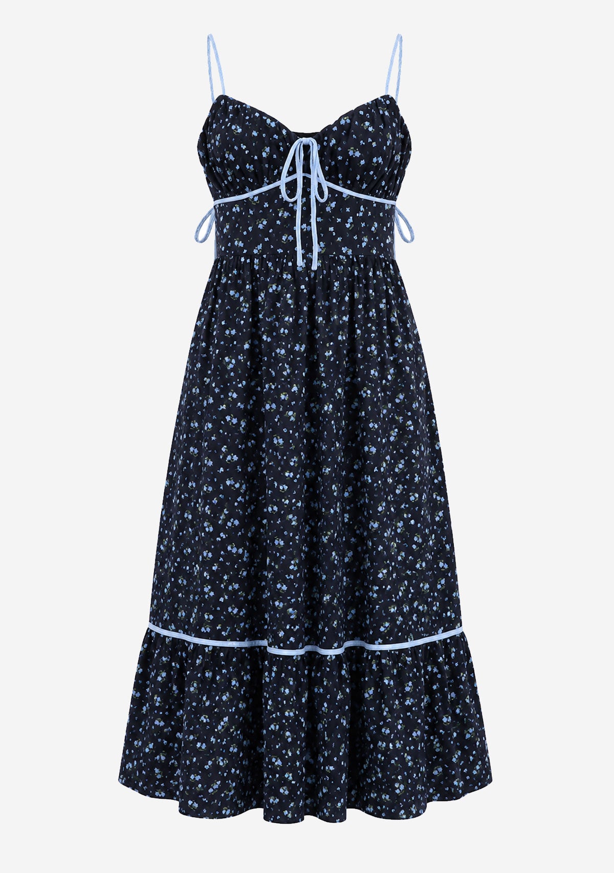 Floral Printed Gingham Contrast Midi Dress Navy