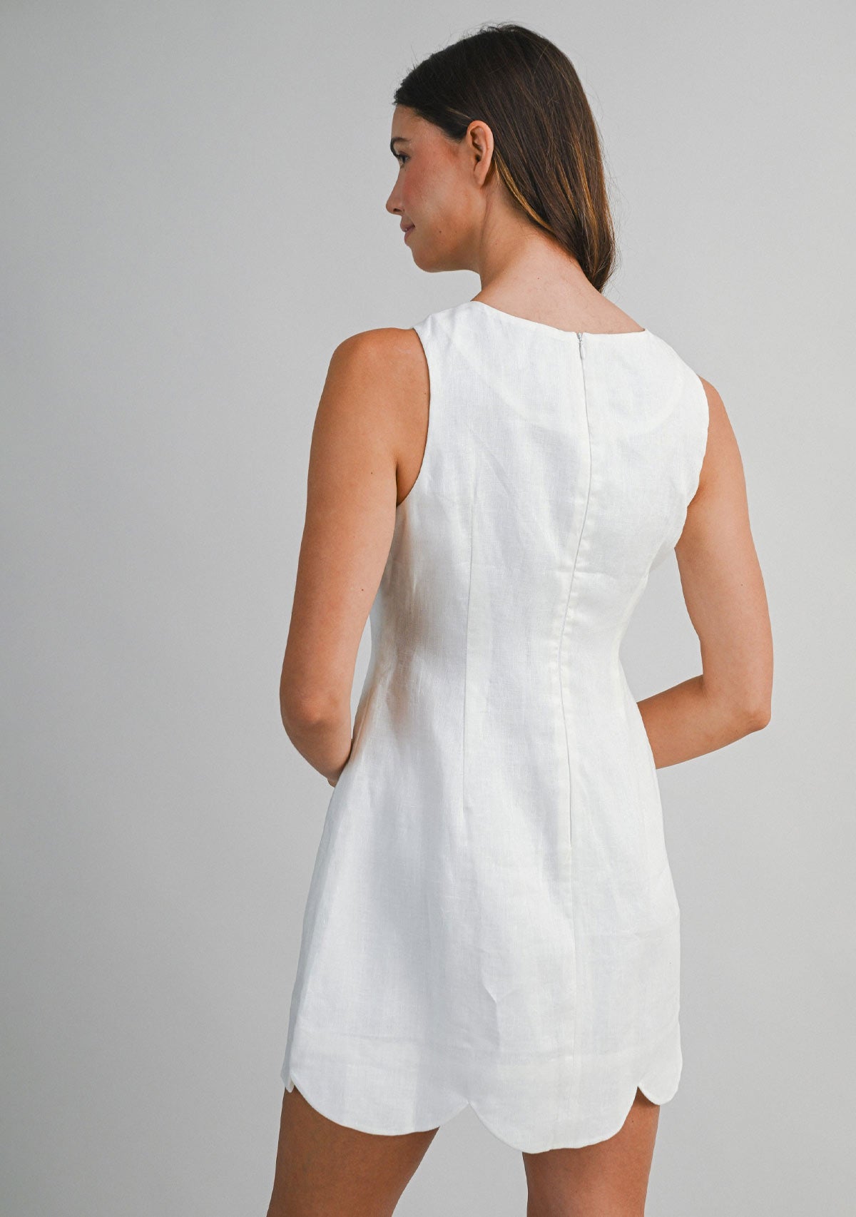 Linen Scallop Hem Mini Dress Off White