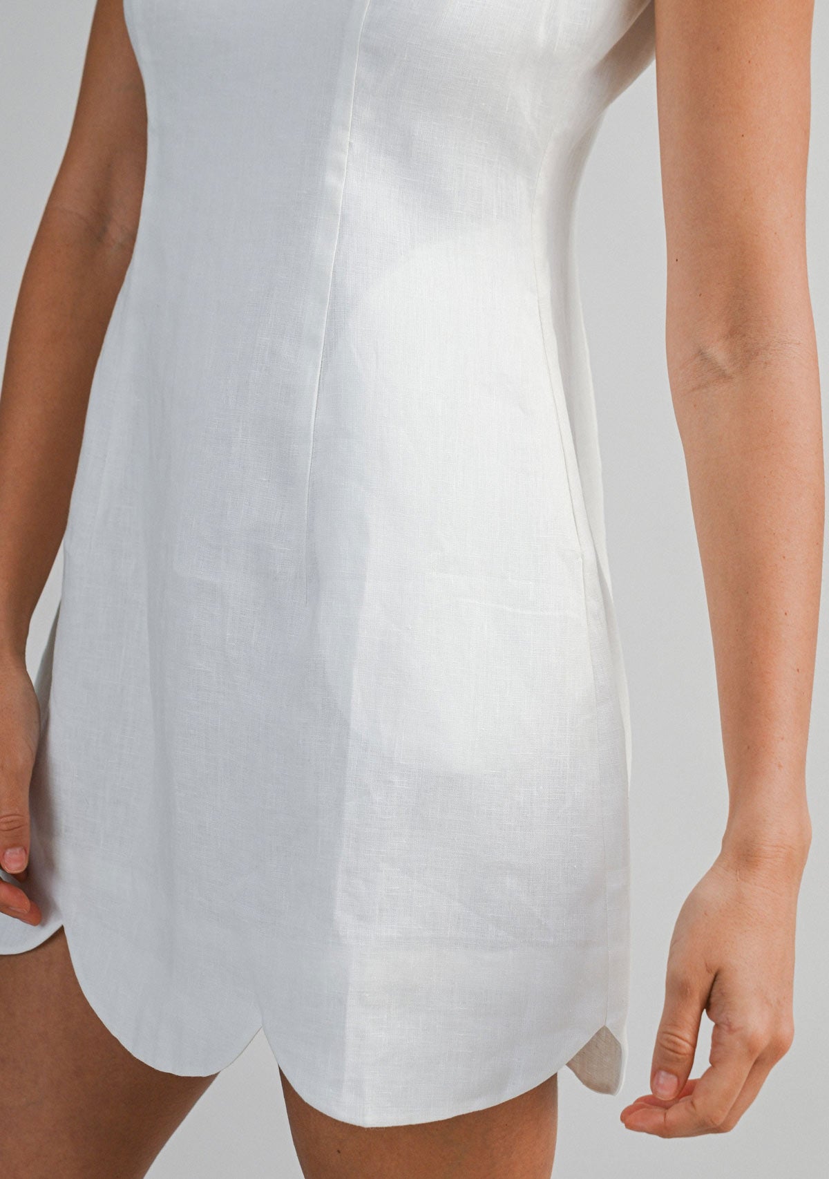 Linen Scallop Hem Mini Dress Off White