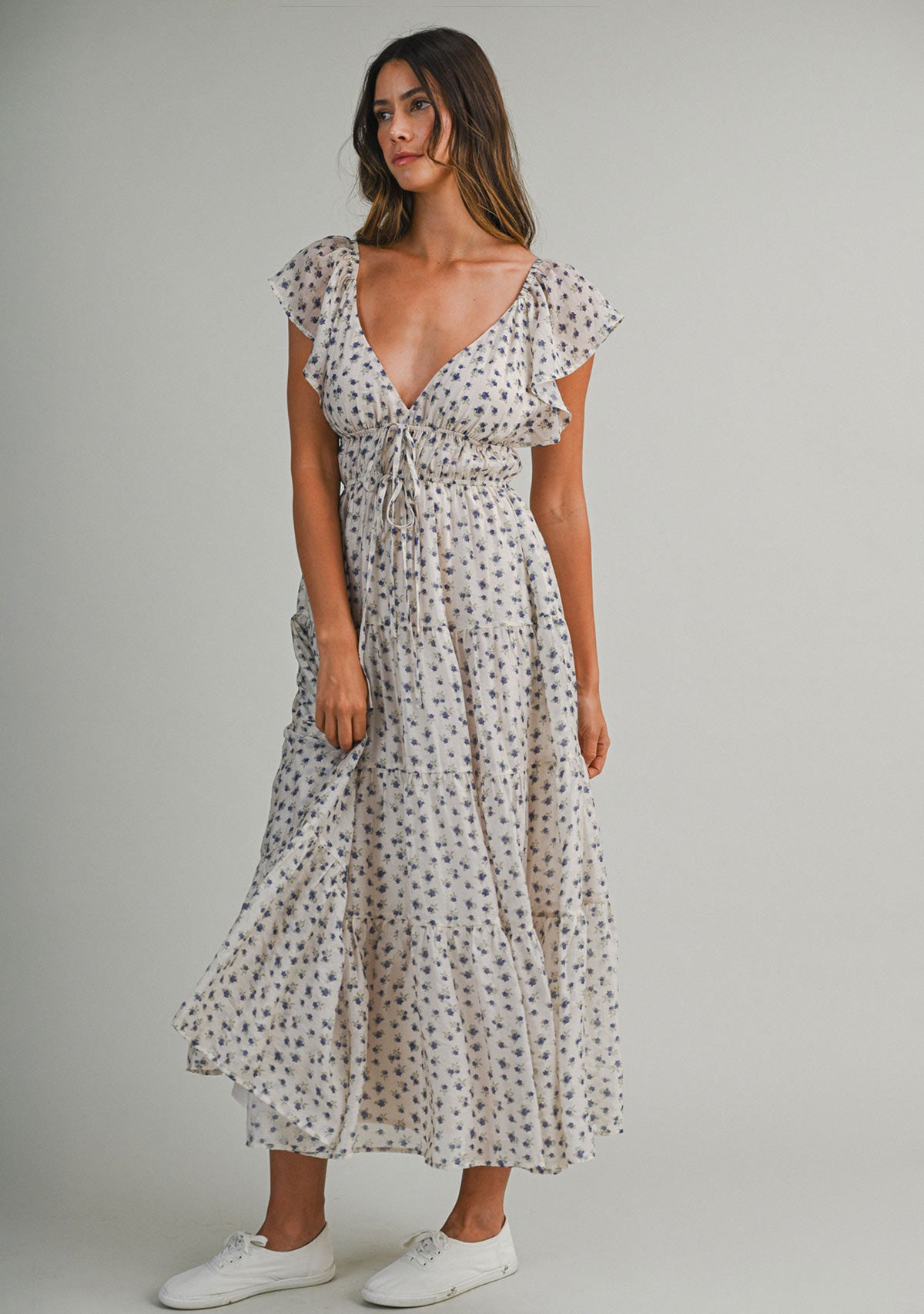 Ditzy Floral Printed Sleeveless Midi Dress Blue/Multi