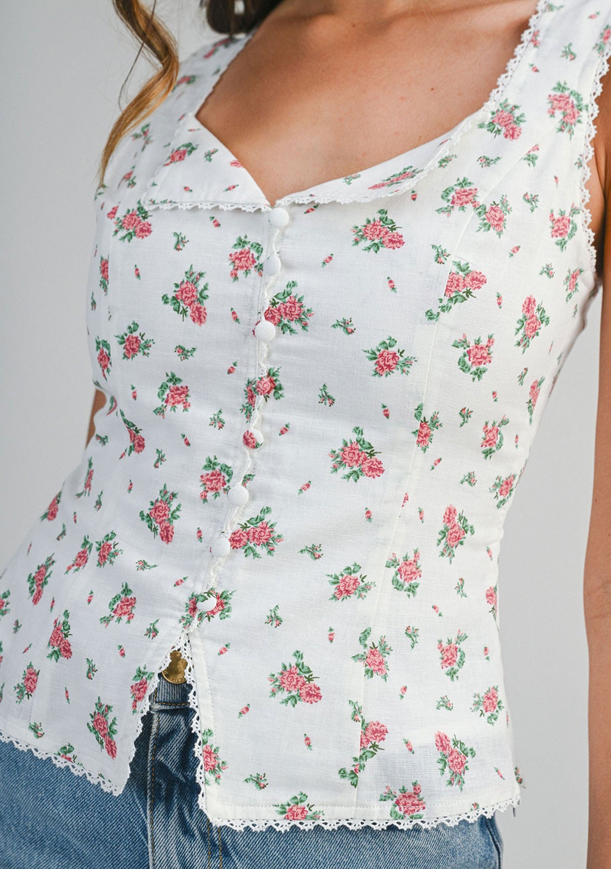 Floral Printed Sleeveless Top Off White