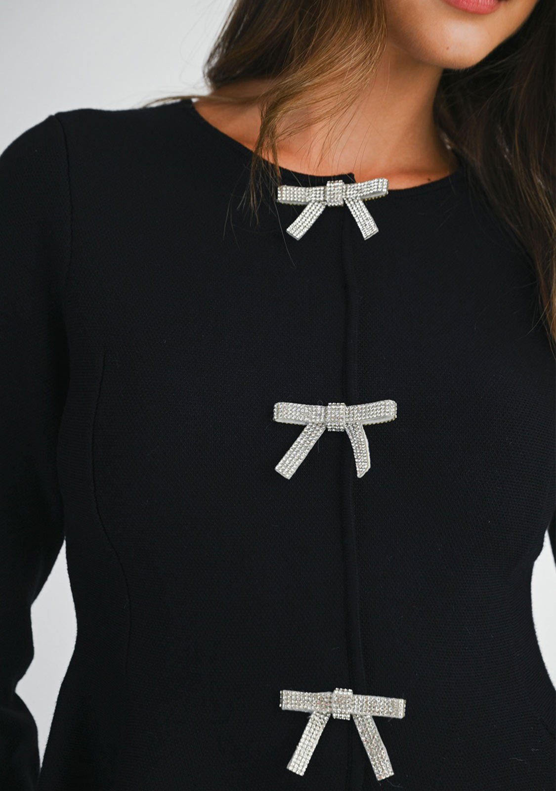 Jewel Bow Front Knit Top Black