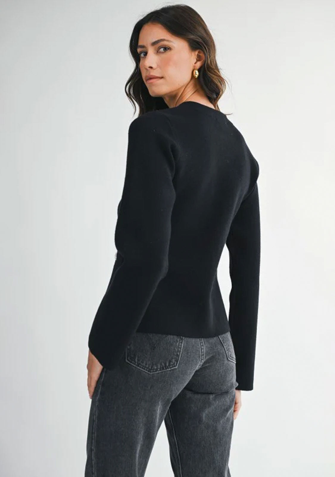 Knit Front Jewel Button Jacket Black