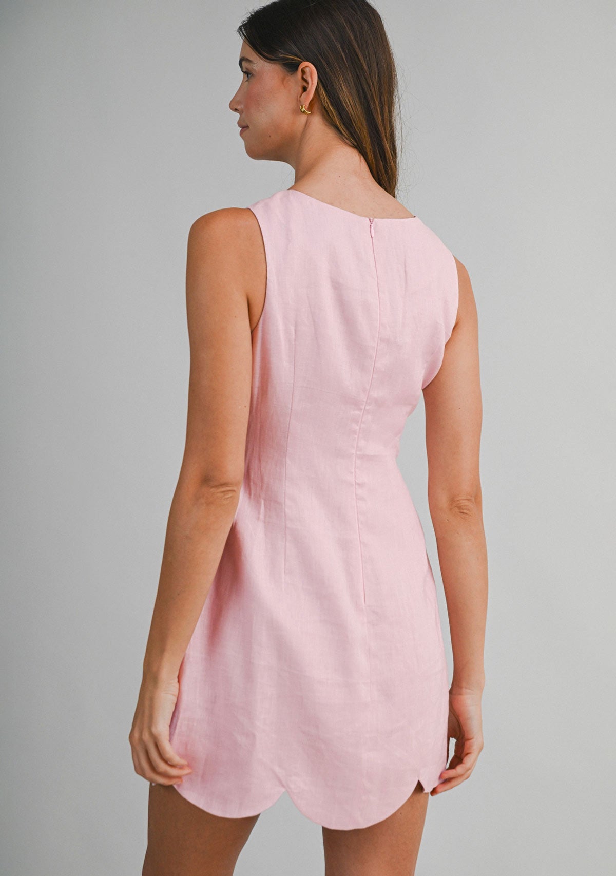 Linen Scallop Hem Mini Dress Pink