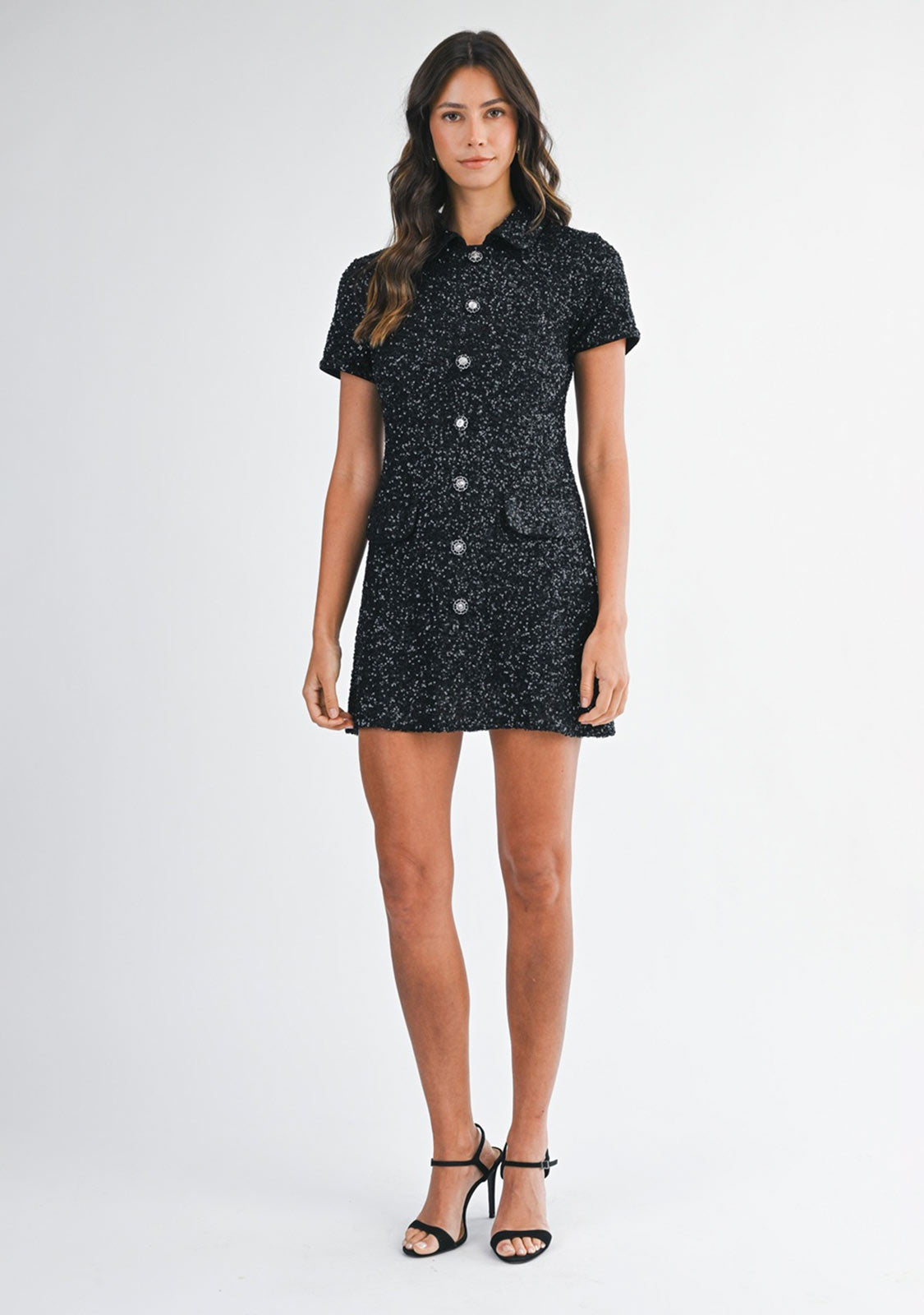 Sequin Knit Polo Mini Dress Black