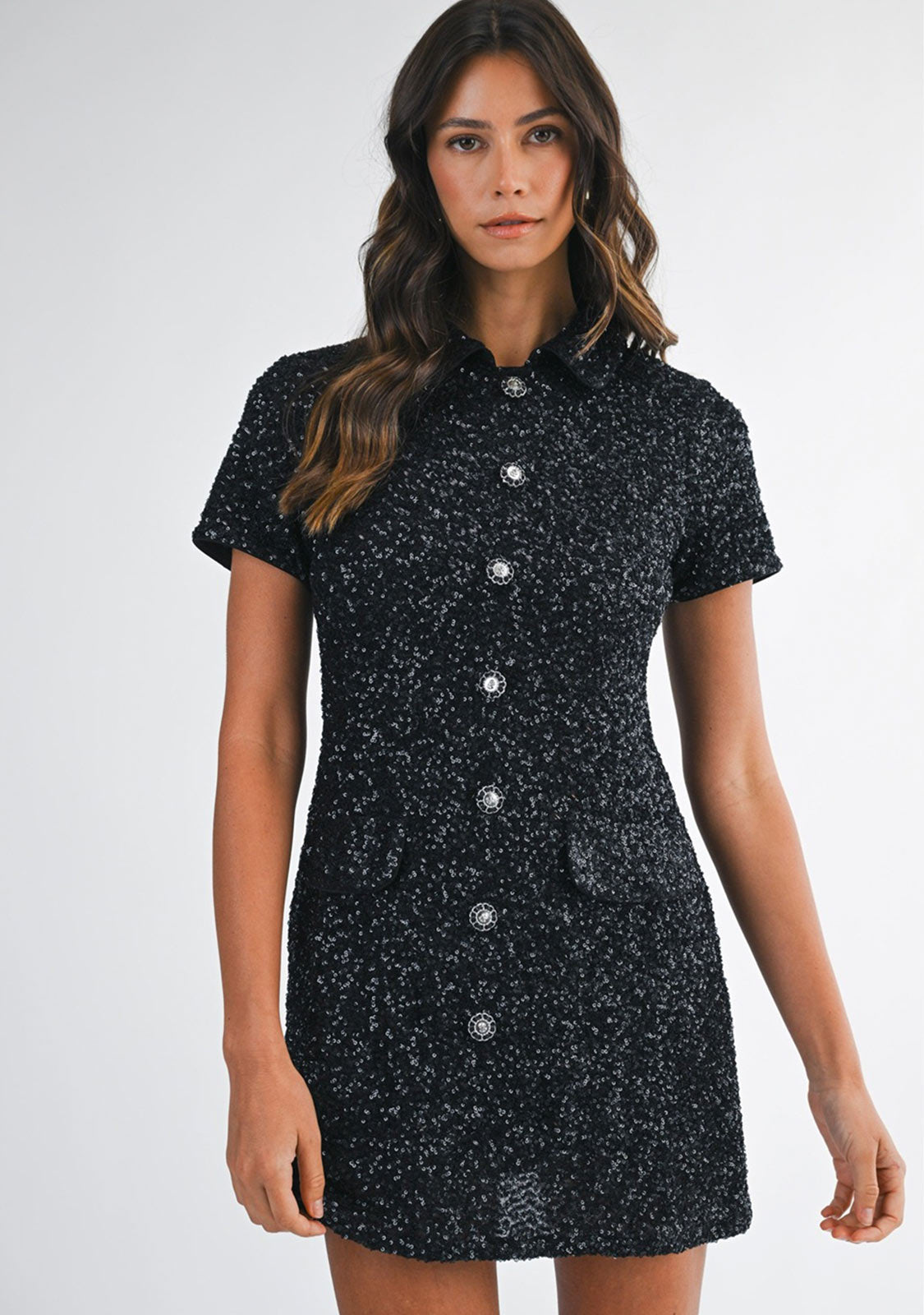 Sequin Knit Polo Mini Dress Black
