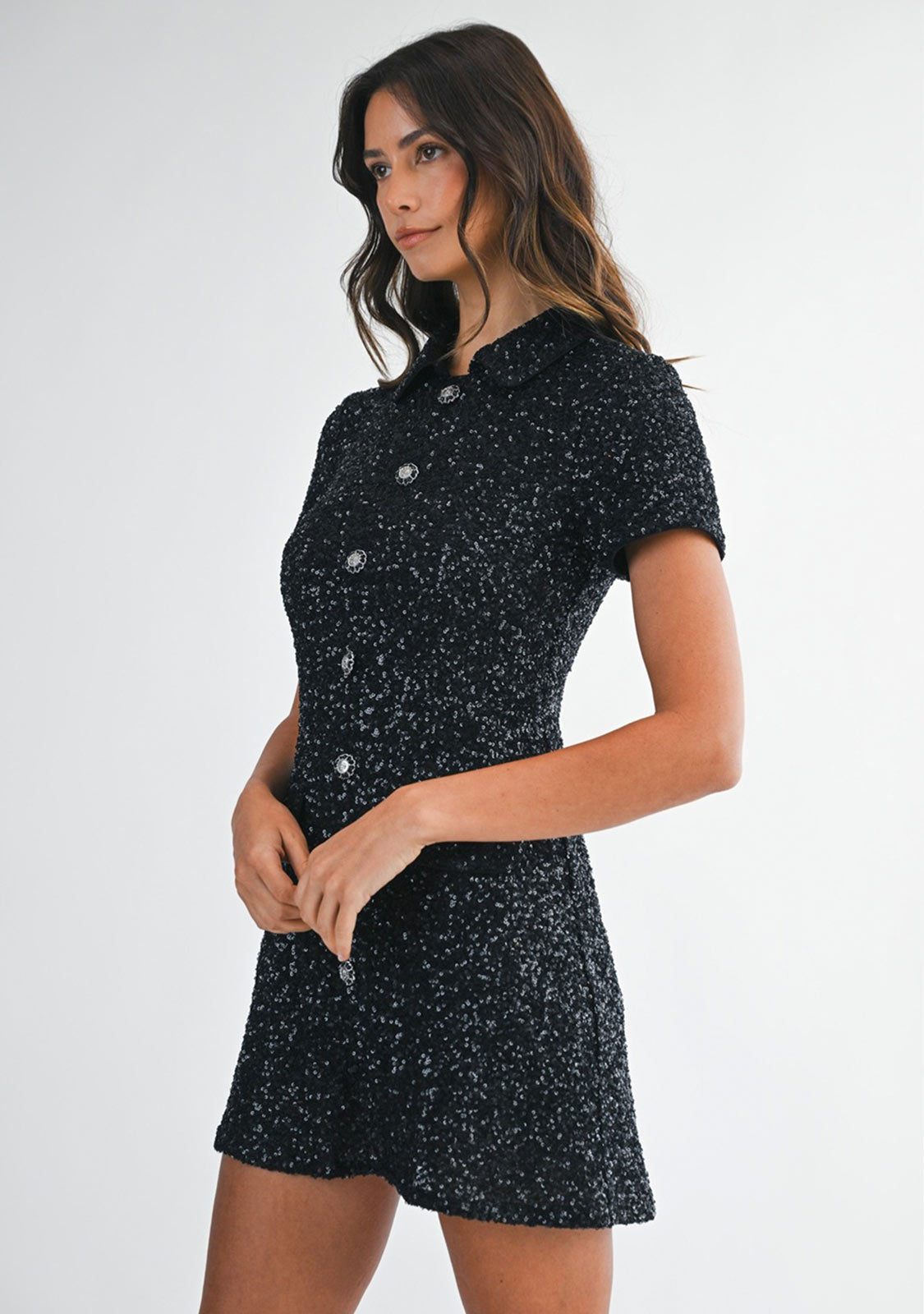 Sequin Knit Polo Mini Dress Black