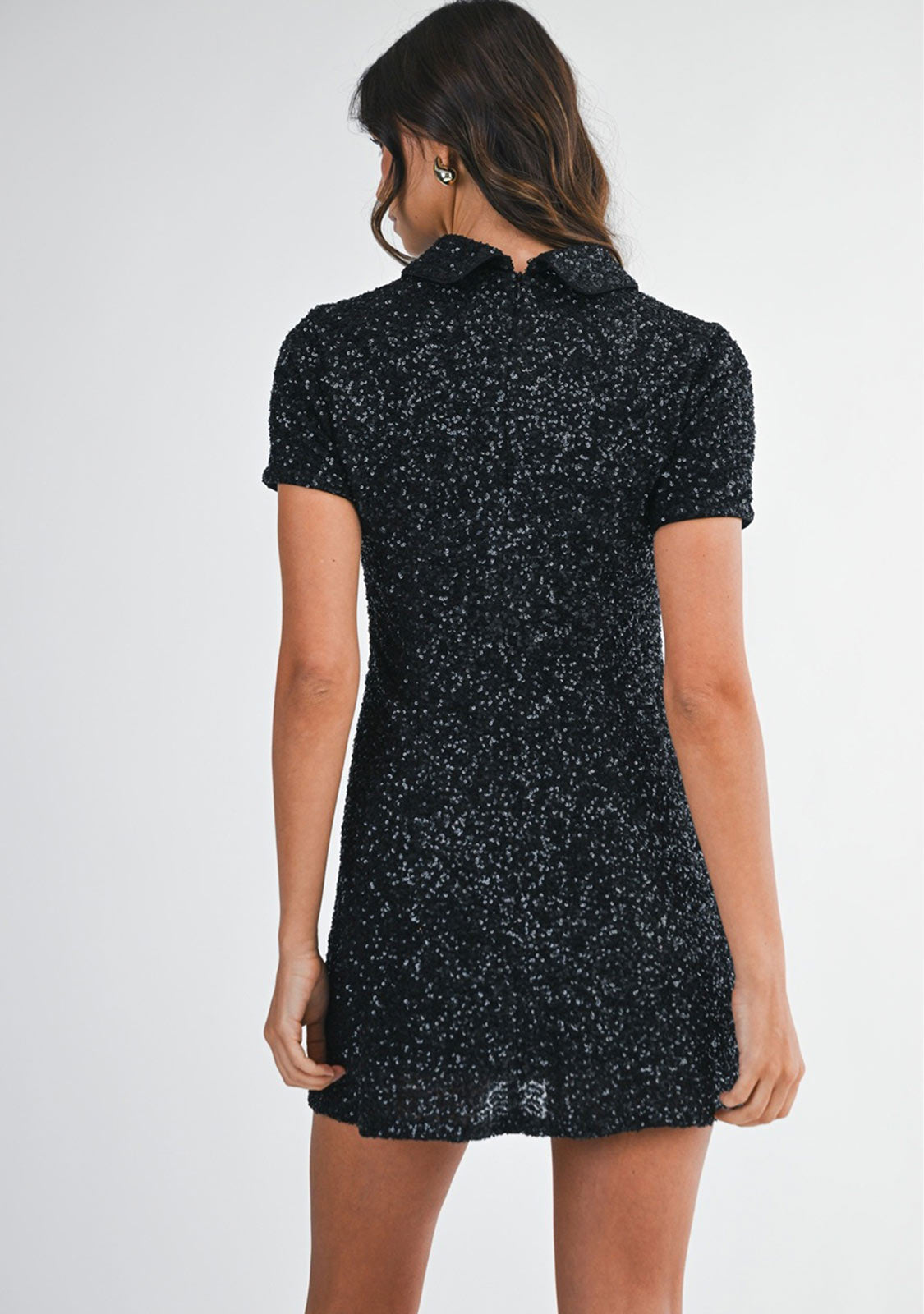 Sequin Knit Polo Mini Dress Black