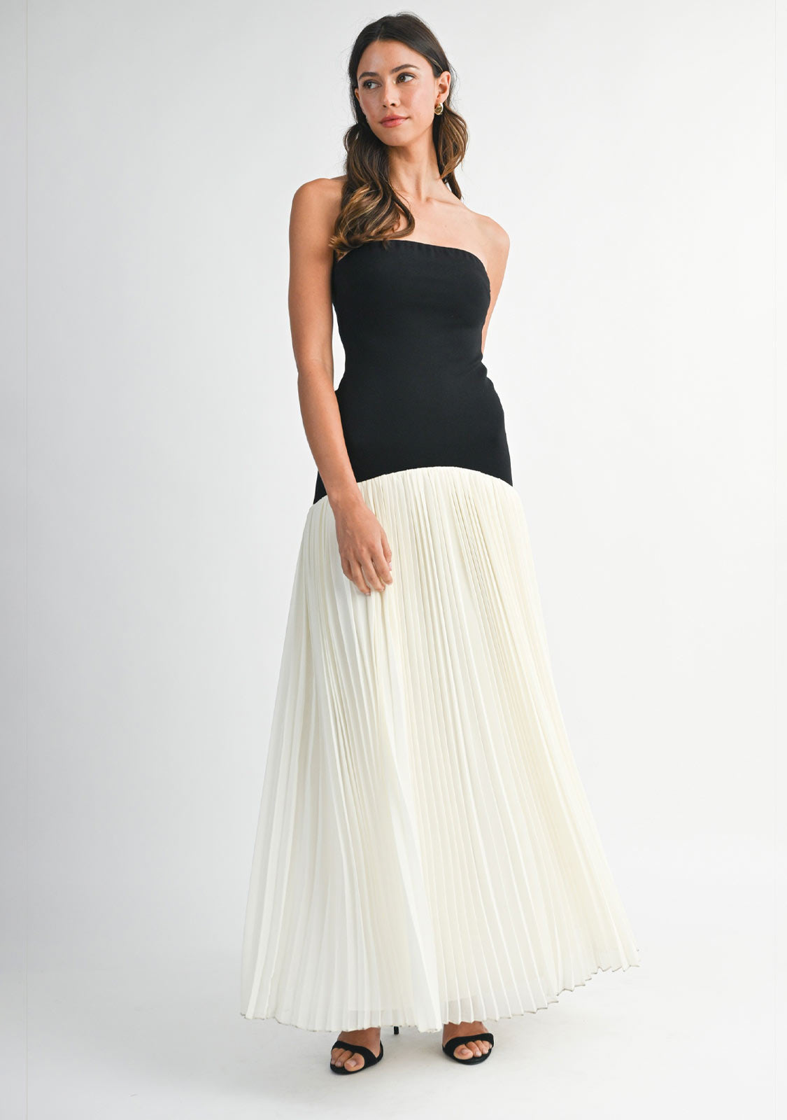 Strapless Dropped Waist Pleated Maxi Dress Cream