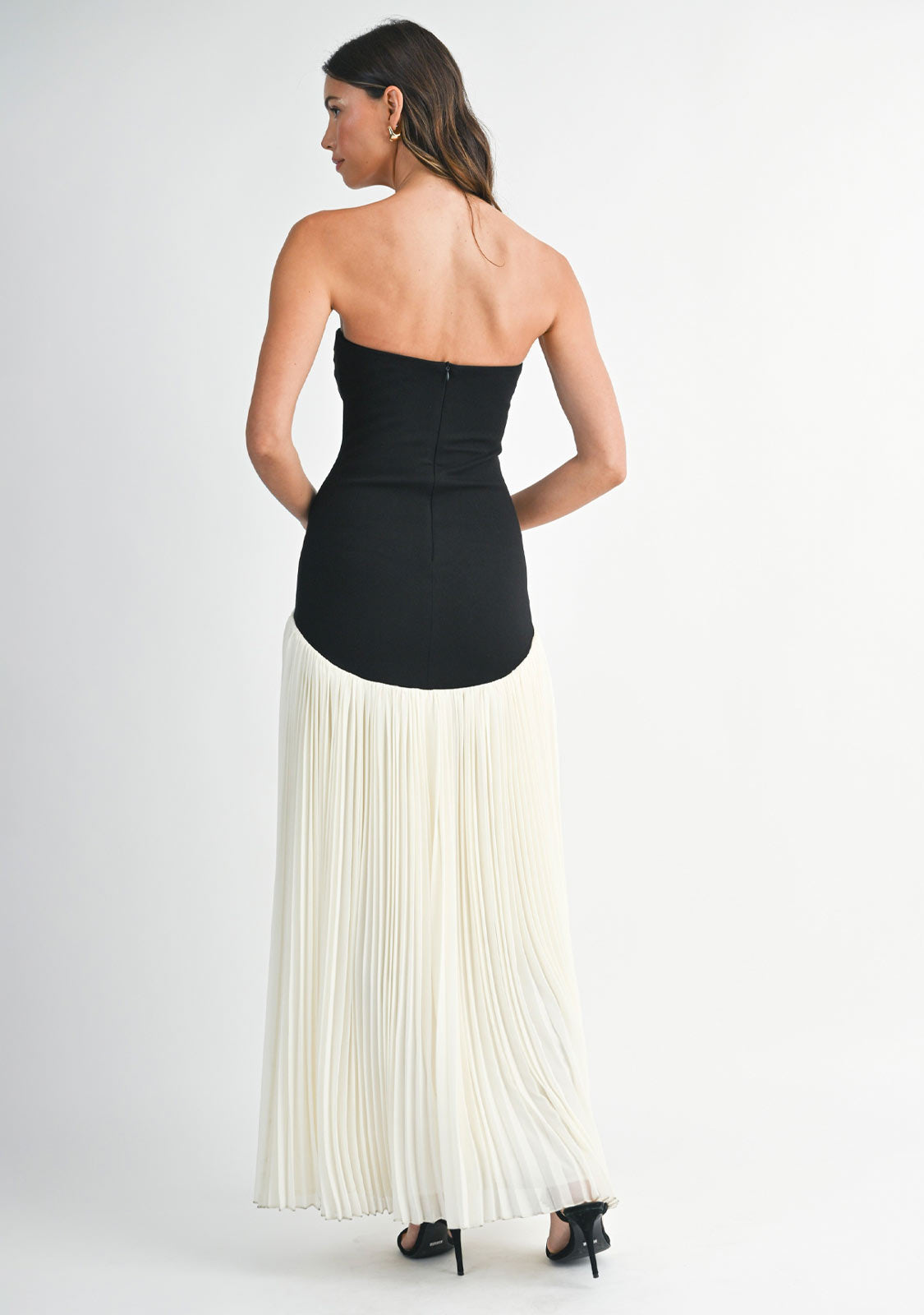 Strapless Dropped Waist Pleated Maxi Dress Cream