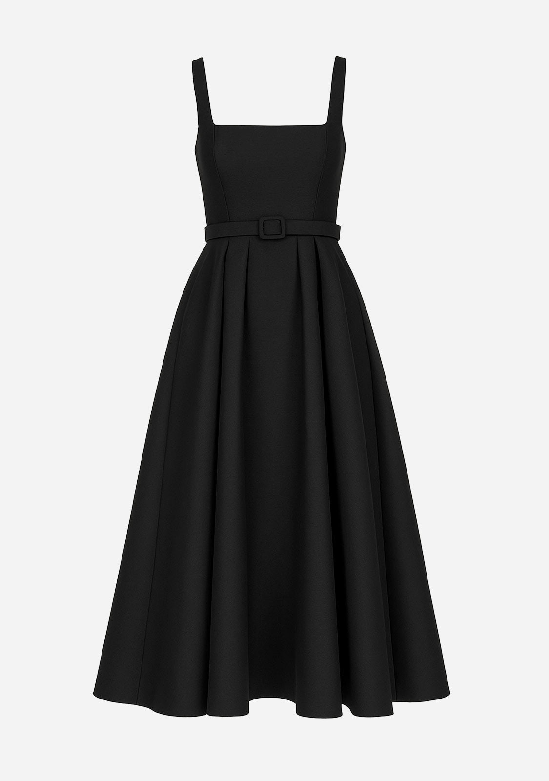 Waist Belted Fit And Flare Textured Satin Midi Dress Black