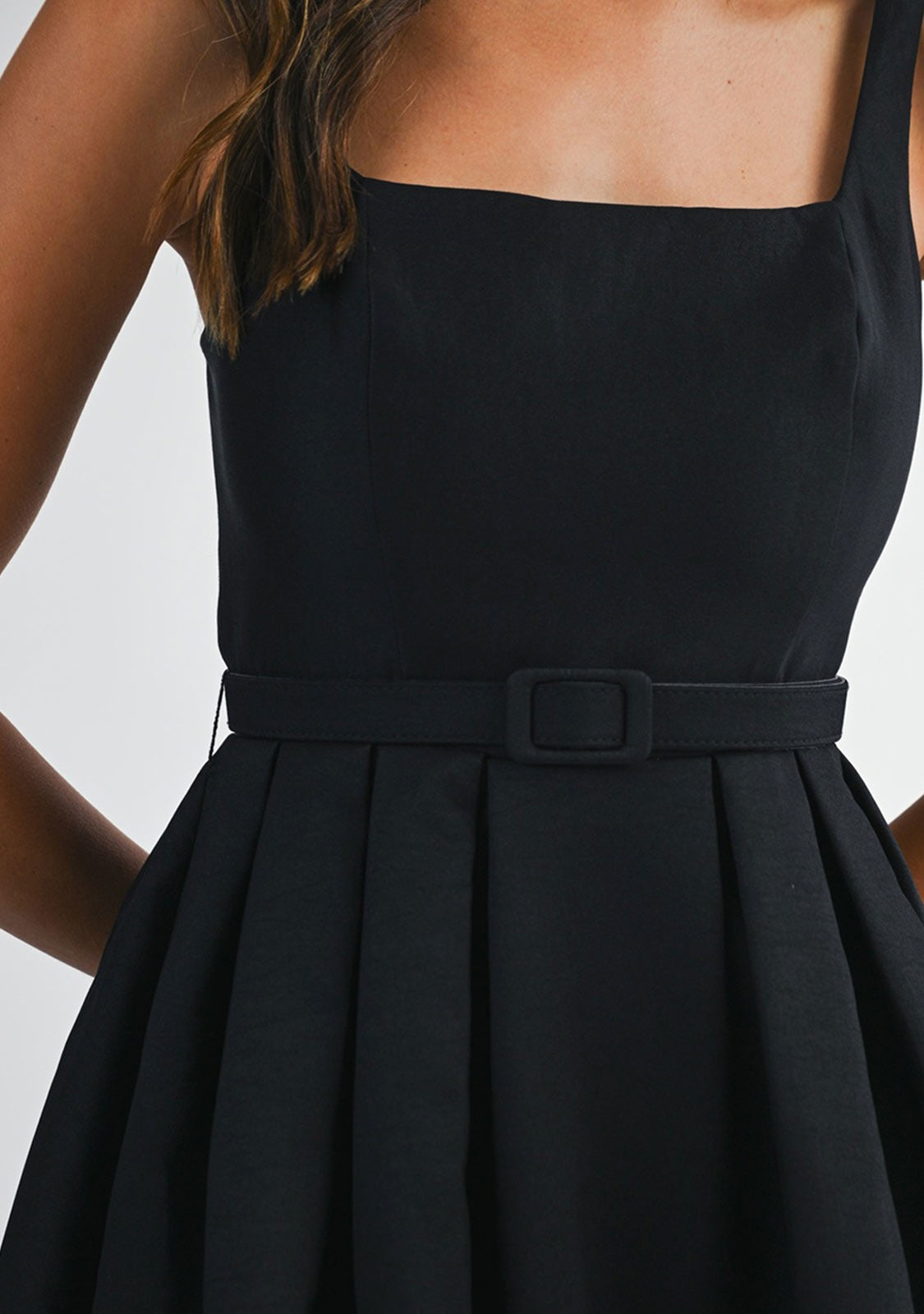 Waist Belted Fit And Flare Textured Satin Midi Dress Black