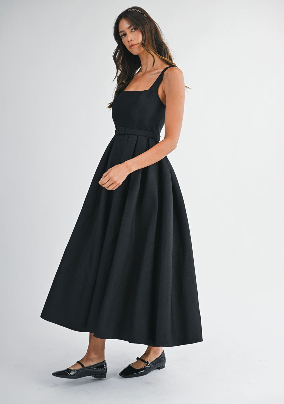 Waist Belted Fit And Flare Textured Satin Midi Dress Black
