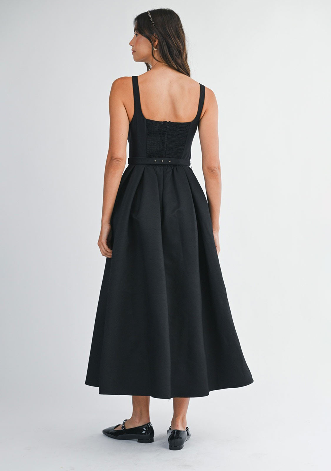 Waist Belted Fit And Flare Textured Satin Midi Dress Black