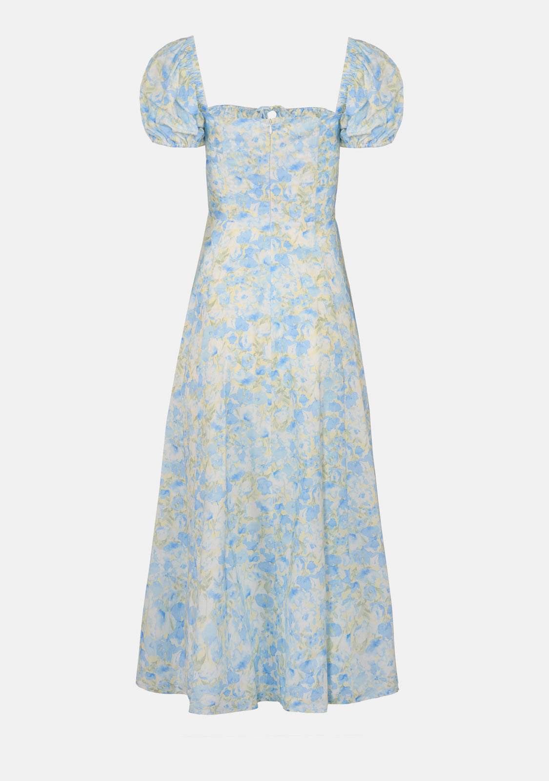 Floral Print Puff Sleeve Shirring Midi Dress