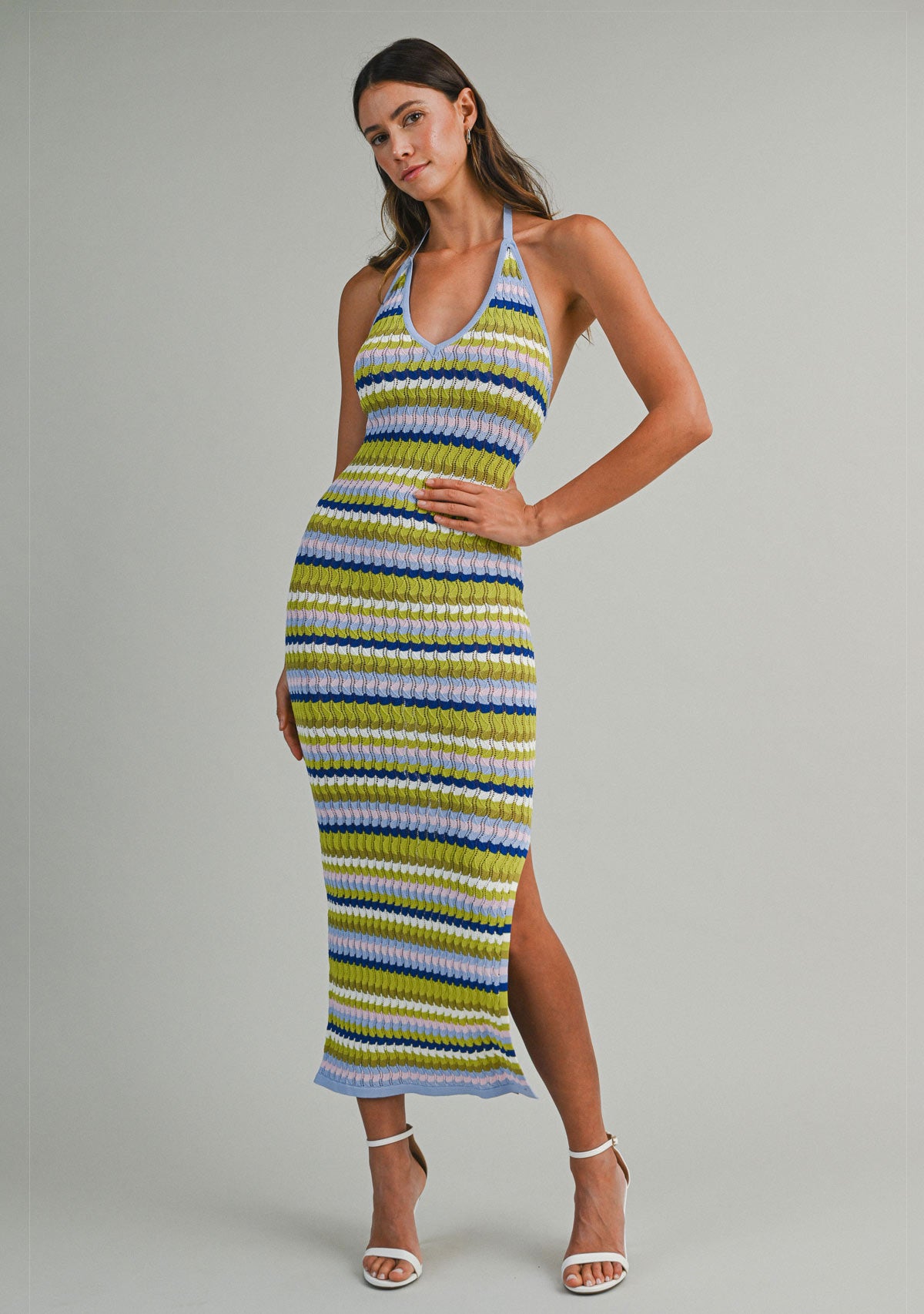 Multi Wavy Stripe Halter Neck Knit Maxi Dress