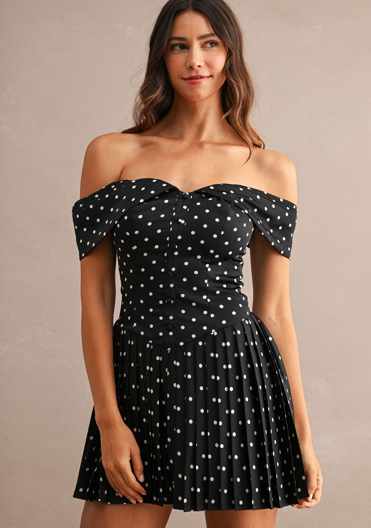 Polka Dot Pleated Off Shoulder Mini Dress
