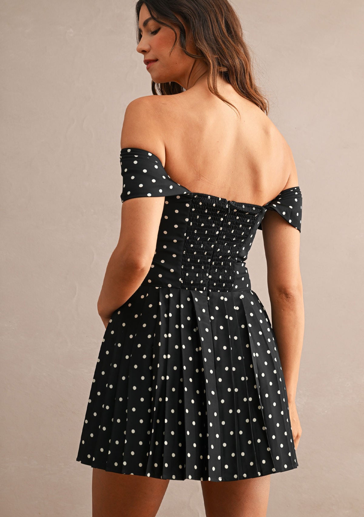 Polka Dot Pleated Off Shoulder Mini Dress