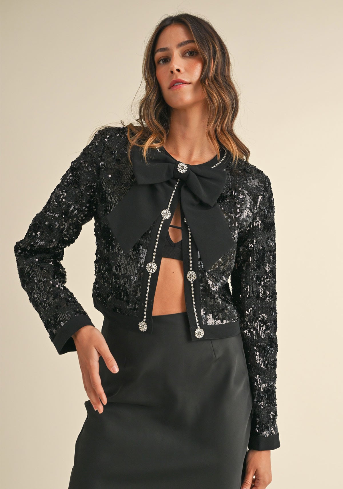 Sequin Tweed Bow Trim Front Crop Jacket