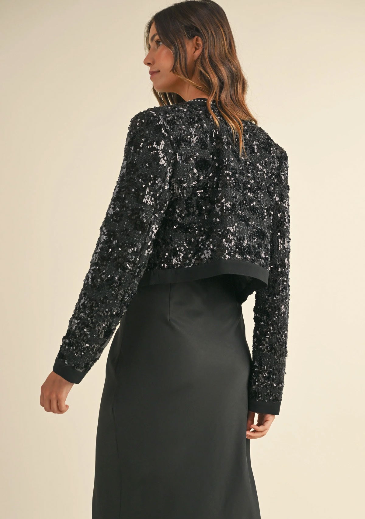 Sequin Tweed Bow Trim Front Crop Jacket