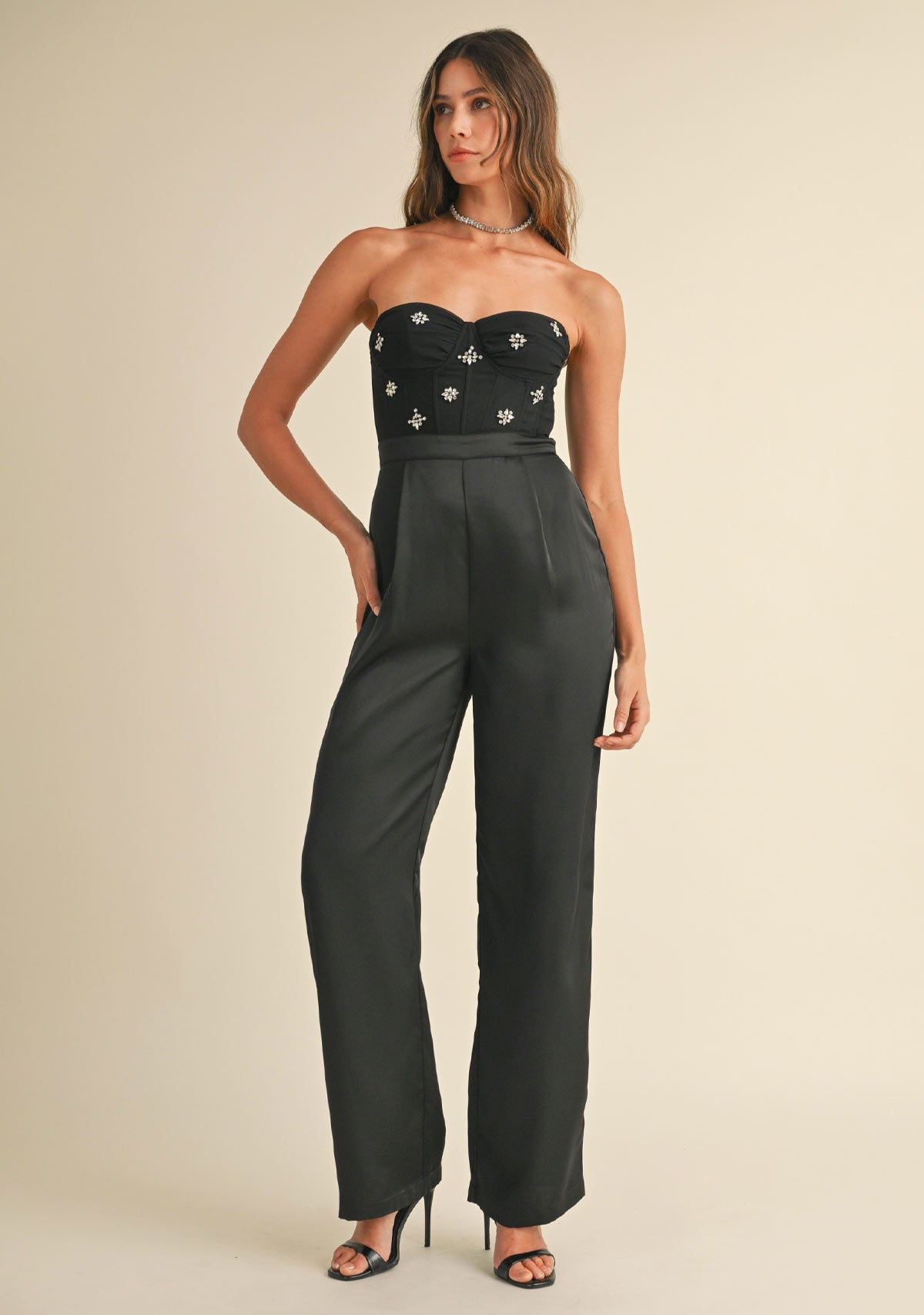 Stone Applique Bustier Jumpsuit