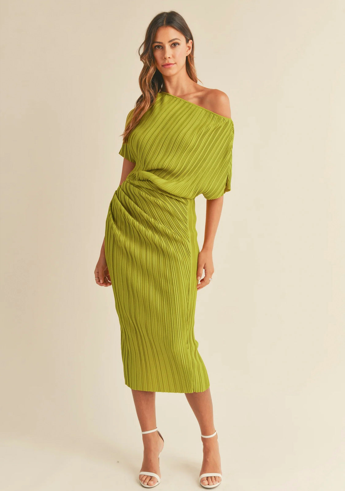 One Off Shoulder Pleated Side Ruched Midi Dress