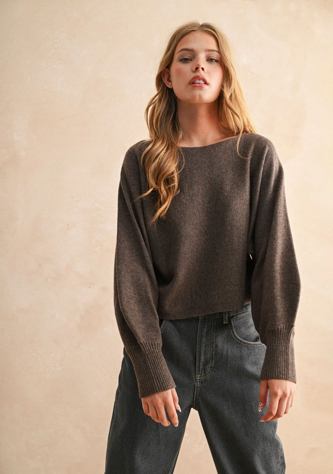 Boat Neck Sweater Top Brown