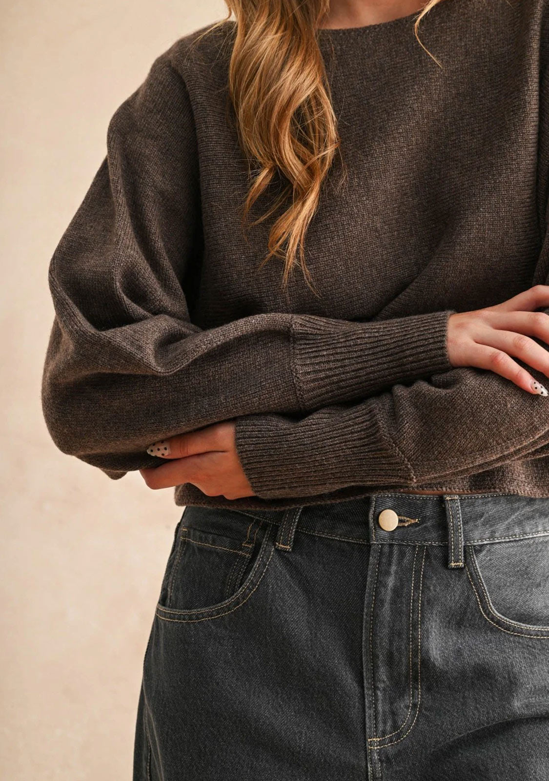 Boat Neck Sweater Top Brown